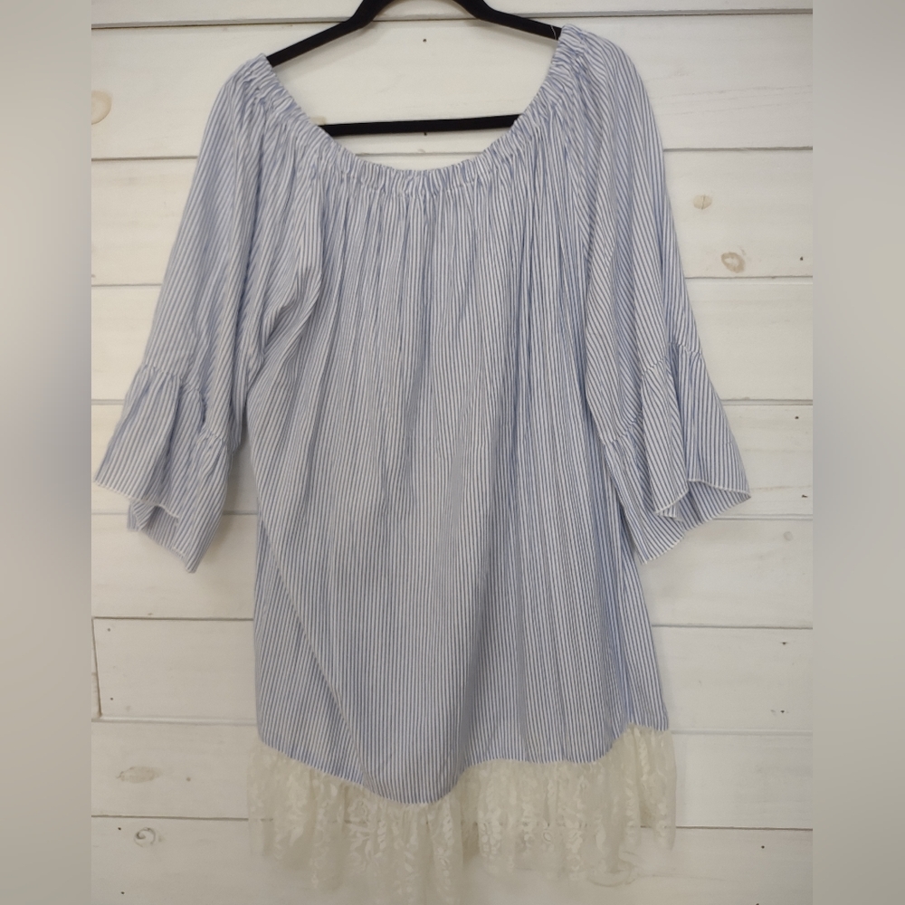 California Moonrise white and blue striped Dress with lace hem